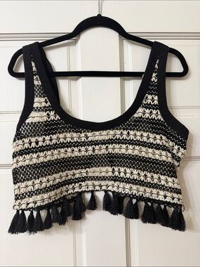Fashion Nova Black and Cream Tassel Cropped Tank